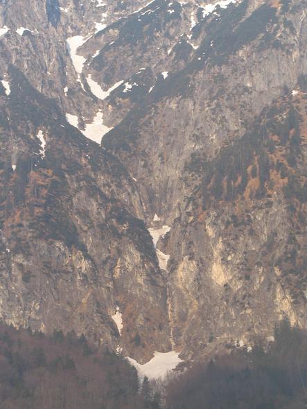 Waterfall on the west side of the mountain Untersberg
Several snow fields are connected in a channel. In the lower quarter of the picture the waterfall and under it the avalanche cone when not water but snow tumbled down.